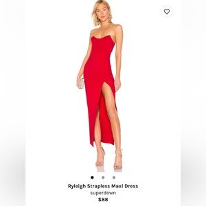 Super down red long dress with slit. Size small $50. Sold out